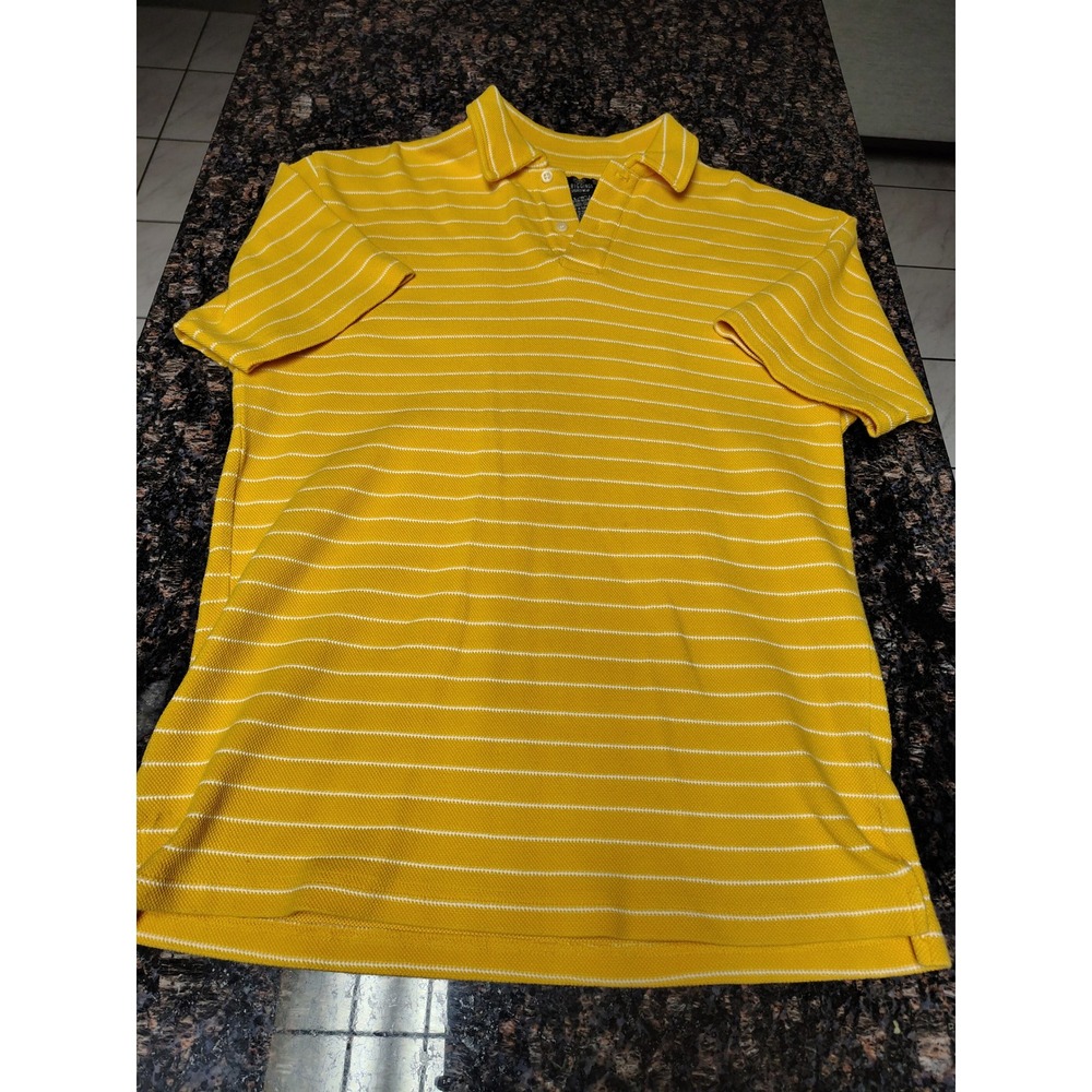 J. Riggins Mens Yellow White Striped Pique Polo Shirt Short Sleeve Size L